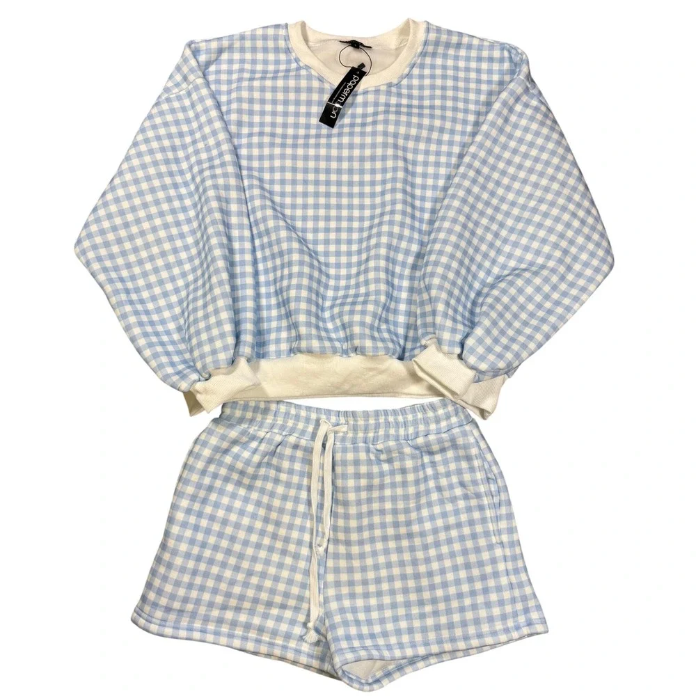 Cottagecore Picnic Soft Girl Blue Gingham Sweatshirt and Shorts Lounge Set S NWT